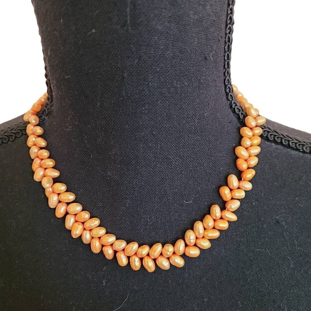 Womens Soft Golden Orange Gold Leaf Closure Double Layer Seed Pearl Necklace